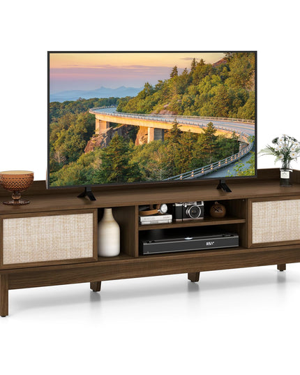 Giantex TV Stand for 65” TV, Entertainment Center with Woven Doors, Sliding Door, Adjustable Shelf & Compartment
