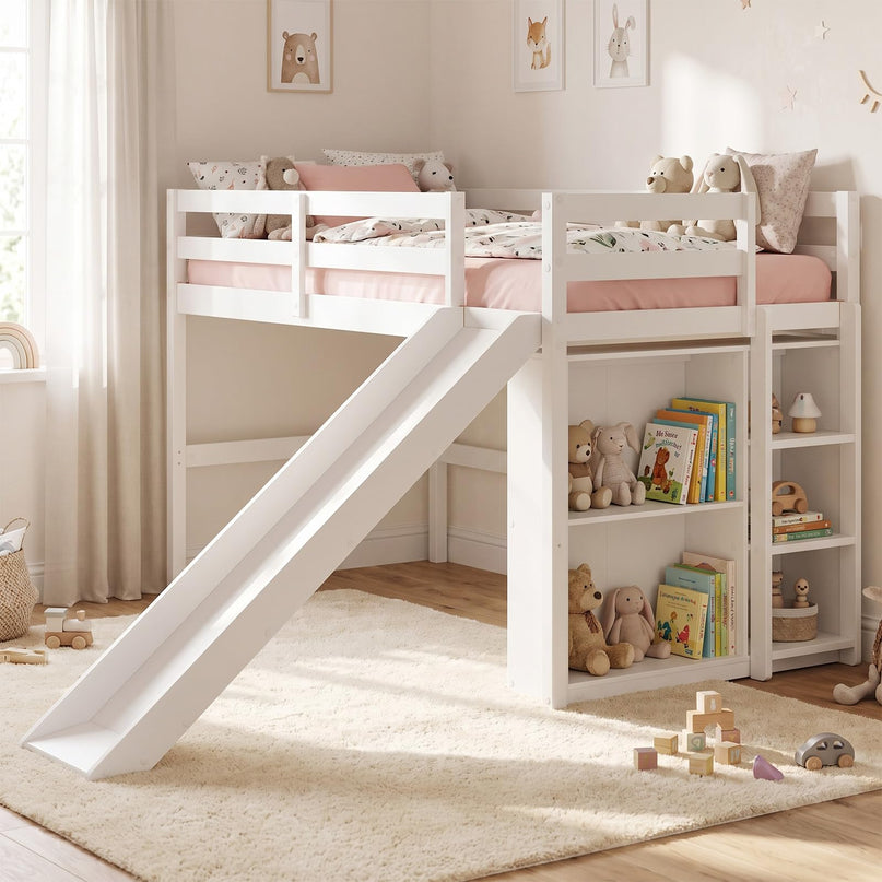GIANTEX Twin Size Loft Bed with Slide Ladder Storage Shelves for Kids