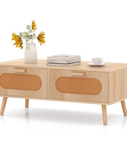 Giantex Rattan Coffee Table, Mid Century Modern Center Table with 2 Storage Drawers & Back Compartment