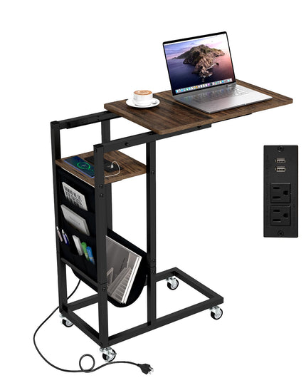 Giantex C Shaped End Table with Charging Station and Wheels