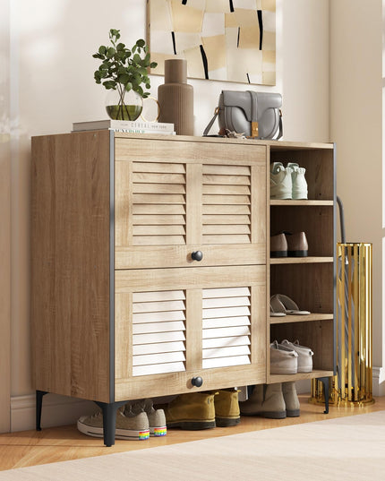 Giantex Shoe Cabinet with Flip & Slide Doors, Shoe Storage Cabinet with Adjustable Cube Shelves(Louvered Doors)