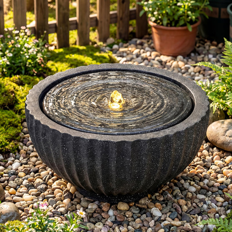 Giantex 18" Round Outdoor Water Fountain with 6 LED Lights for Garden Patio Porch Decor