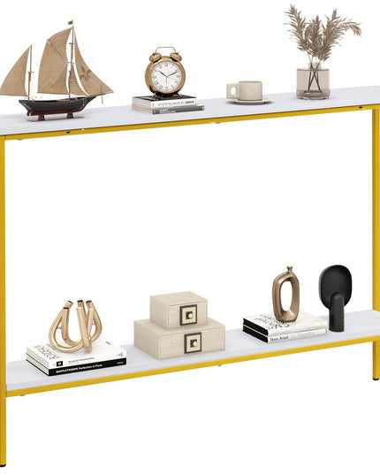 Giantex Gold Console Table with Shelf, 44" Narrow Entryway Table w/Dual Anti-Tipping Kits & Golden Metal Frame