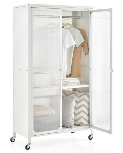 Portable Closet with Rollers, Mobile Metal Armoire Closet with Hanging Rod