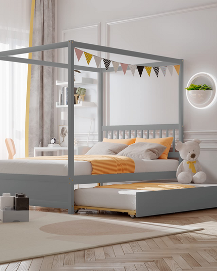 Giantex Canopy Bed w/ Trundle, Full Size Kids Solid Wood Platform Bed Frame