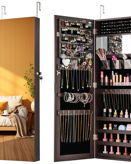 CHARMAID Jewelry Cabinet Wall or Door Mounted, Hanging Lockable Jewelry Armoire Storage with Full Length Mirror