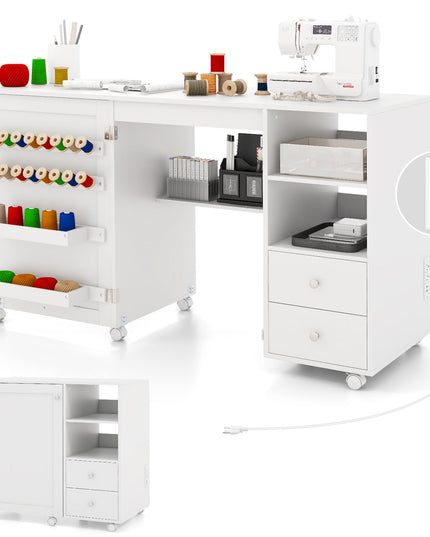 Giantex Folding Sewing Table with Charging Station, Rolling Craft Table with Storage Shelves and Drawers