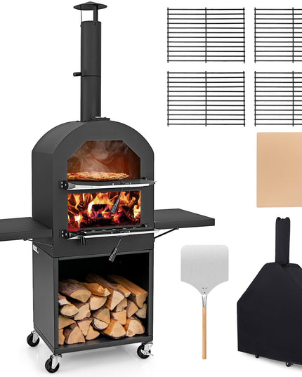 Giantex Pizza Oven Outdoor - Wood Fired Pizza Oven with 2 Side Tables