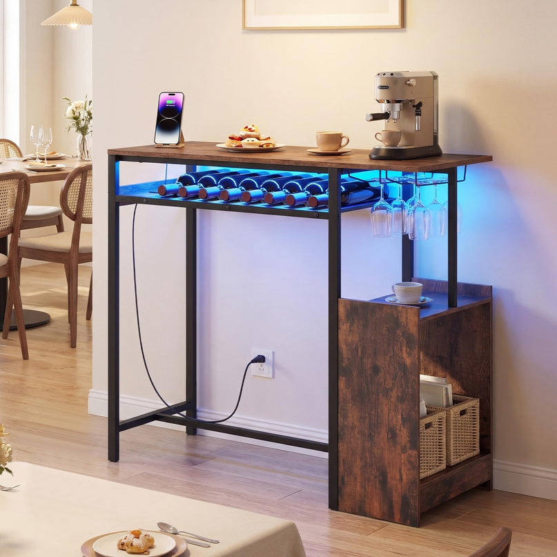 Giantex Rectangular Bar Table with Charging Station and LED Light