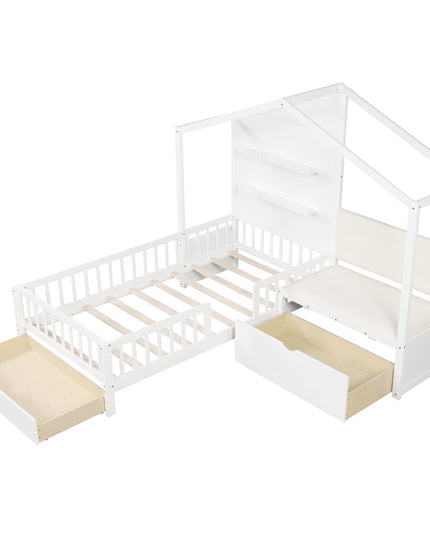 Giantex Twin House Bed for Kids, Wooden Kids Twin Bed Frame with Padded Bench
