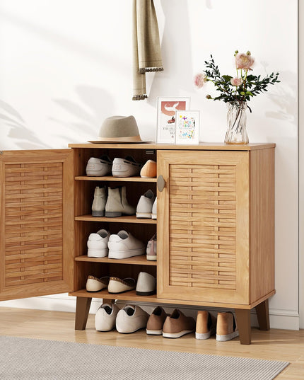 Giantex Shoe Cabinet with Doors, 4-Tier Farmhouse Shoe Storage Cabinet with 3 Adjustable Shelves