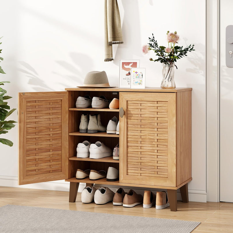 Giantex Shoe Cabinet with Doors, 4-Tier Farmhouse Shoe Storage Cabinet with 3 Adjustable Shelves