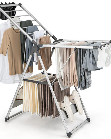 Giantex Clothes Drying Rack, 2-Layer Aluminum Foldable Laundry Drying Rack with 5-Level Adjustable Height