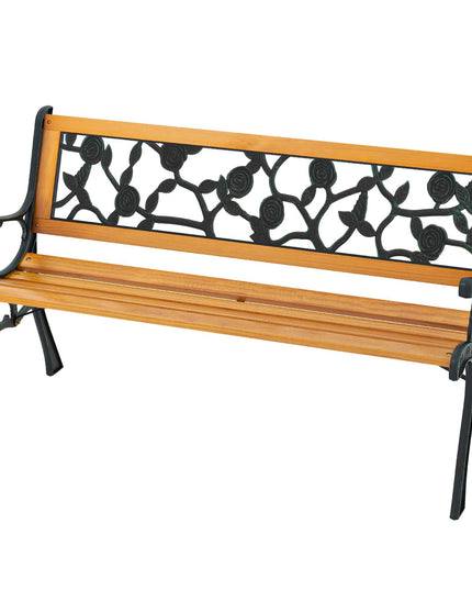 Giantex Outdoor Bench, 3-Person Park Bench with Slatted Seat, Curved Armrests, Floral Pattern Backrest