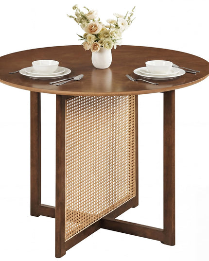 Giantex 37.5" Farmhouse Kitchen Table with Solid Rubberwood Pedestal & Rattan Base