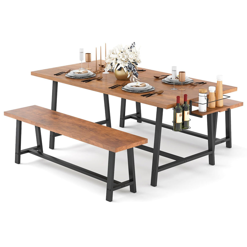 Giantex 72” Dining Table Set for 4-8, 3-Piece Kitchen Table Set with 2 Benches