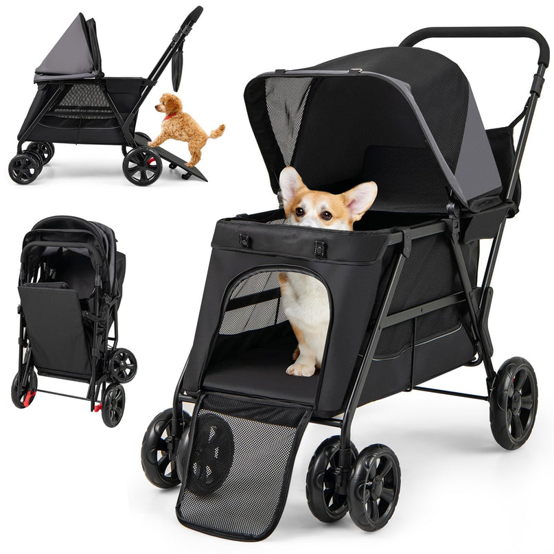 Giantex Dog Stroller with Low Entry & Ramp Access, Cat Stroller with Lockable & Shock-Absorbing All-Terrain Wheels