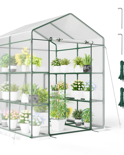 Giantex Walk-in Greenhouse w/ 3 Tiers 4 Shelves, 4 Ground Stakes & Ropes, PVC Cover