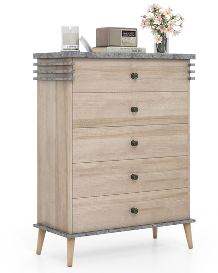 Giantex 5-Drawer Storage Cabinet with Rubber Wood Legs and Anti-Tipping Kit