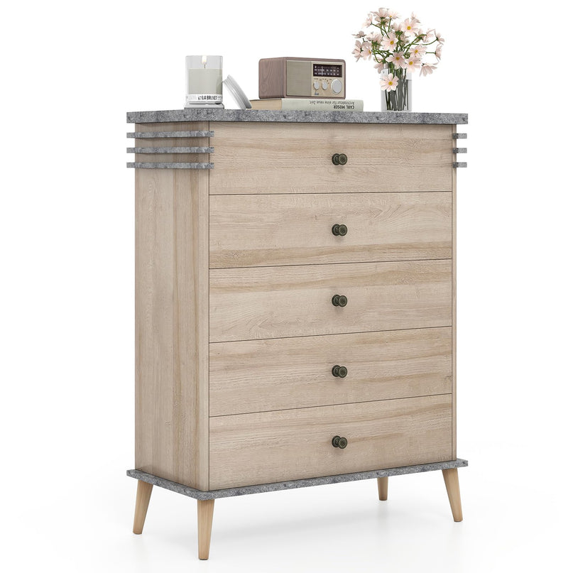 Giantex 5-Drawer Storage Cabinet with Rubber Wood Legs and Anti-Tipping Kit