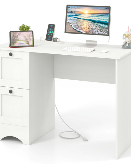 Giantex White Desk with 2 Drawers, 43” Wooden Home Office Desk with Charging Station