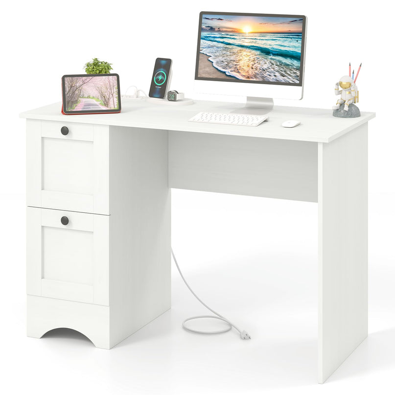 Giantex White Desk with 2 Drawers, 43” Wooden Home Office Desk with Charging Station