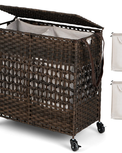 Panier à Linge Giantex avec Roues et Couvercle, Panier à Linge en Osier de 125L (33 Gal), 2 Sacs Intérieurs Amovibles