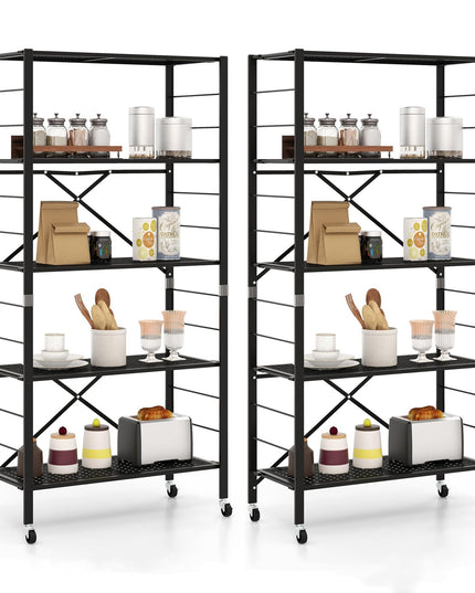 Giantex 5-Tier Folding Bookshelf with Wheels of 1/2, 60" Tall Foldable Metal Shelves for Storage