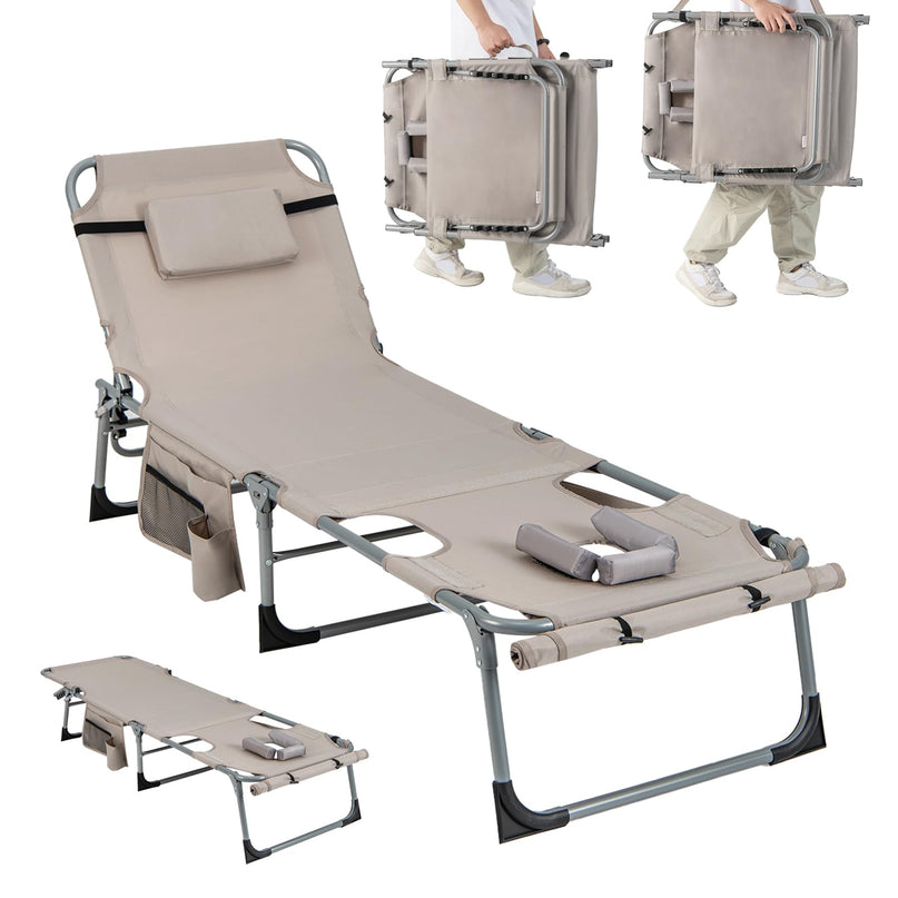 Giantex Folding Beach Tanning Chair - Outdoor Chaise Lounge Chair, 5-Position Adjustable Lounger with Face Hole