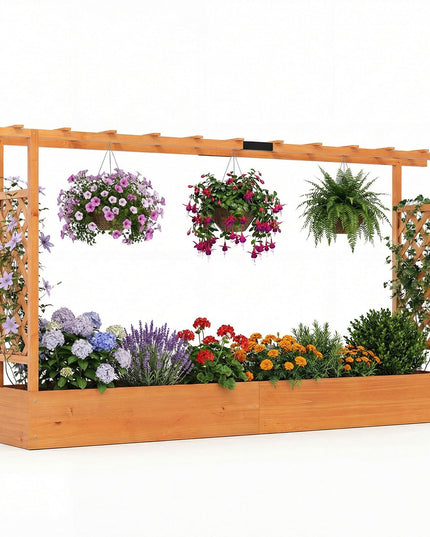 Giantex 45”Fir Wood Raised Garden Bed with Trellis & Hanging Roof