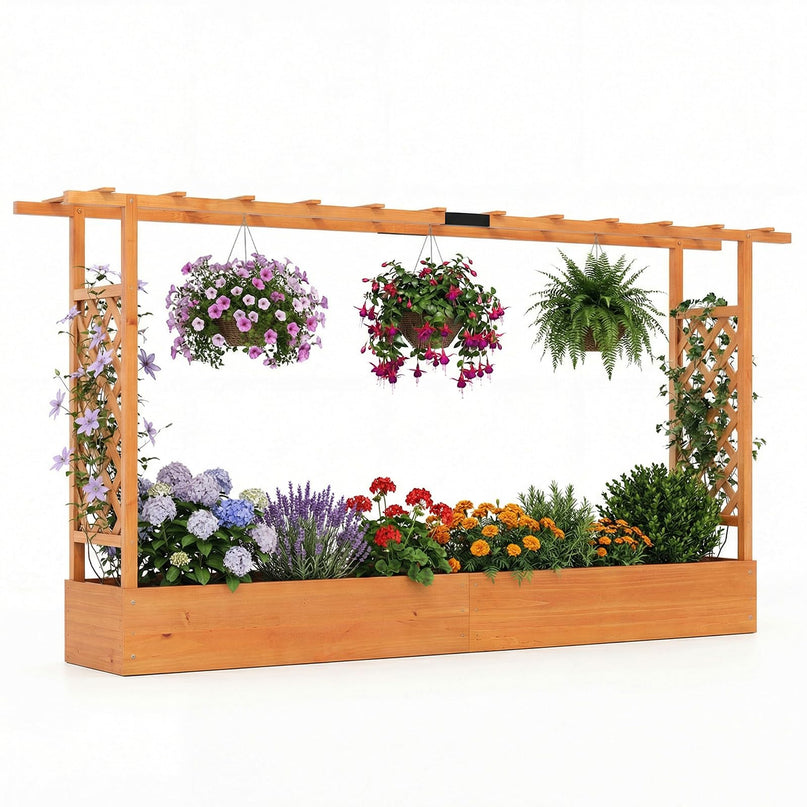 Giantex 45”Fir Wood Raised Garden Bed with Trellis & Hanging Roof