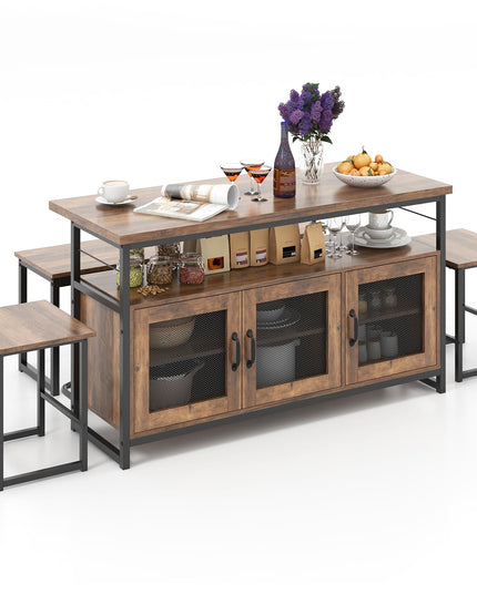 Giantex Dining Table Set for 4, Kitchen Island with Seating Bench & Stools, Storage Cabinet, 3-Position Adjustable Shelves