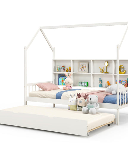 Giantex Twin House Bed with Trundle, Solid Wood Bed Frame with Roof & 8 Cube Bookcase