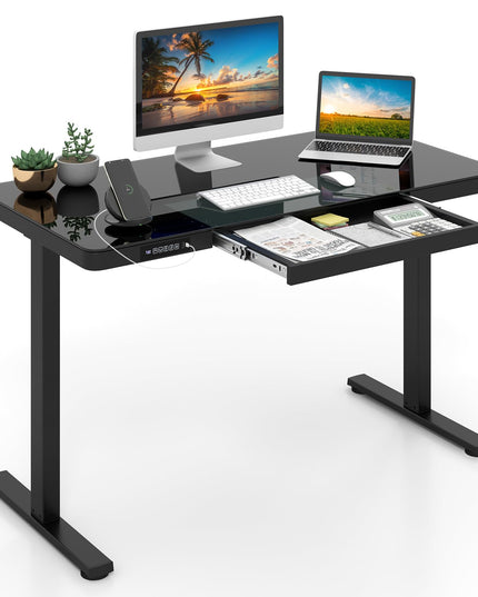 Giantex Glass Standing Desk with Drawer, 48" x 24" Height Adjustable Electric Stand Up Desk