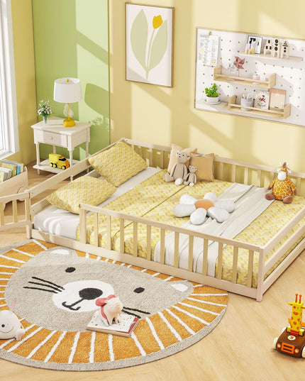 Giantex  Floor Bed with Door & Fence Kids Wood Montessori Bed