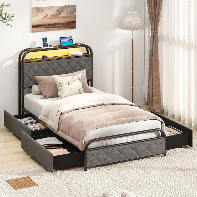 Giantex Bed Frame with 4 Storage Drawers and Charging Station