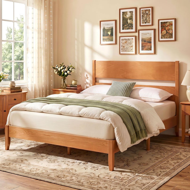 GIANTEX Twin/Full/Queen Size Wooden Bed Frame with Slatted Headboard
