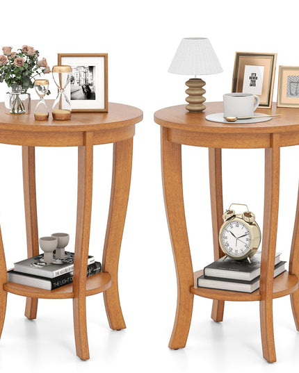 Giantex Round End Table with Storage Shelf Set of 2, Retro Nightstand with Solid Wood Legs, 24.5" Accent Table for Small Spaces