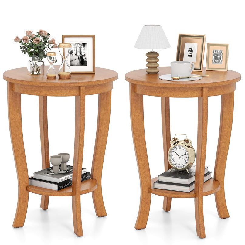 Giantex Round End Table with Storage Shelf Set of 2, Retro Nightstand with Solid Wood Legs, 24.5" Accent Table for Small Spaces