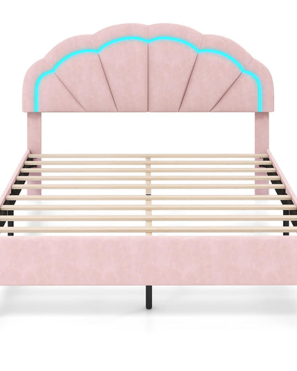 Giantex Full Size LED Bed Frame, Velvet Upholstered Full Platform Bed with Adjustable Cloud Headboard