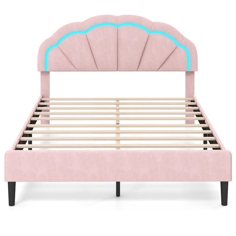 Giantex Full Size LED Bed Frame, Velvet Upholstered Full Platform Bed with Adjustable Cloud Headboard