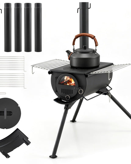 Giantex Hot Tent Stove Portable Wood Burning Stove w/ 5 Chimney Pipes