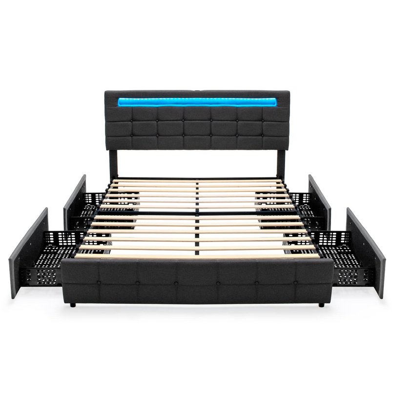 Giantex Queen Bed Frame with LED Lights and 4 Drawers, Upholstered Platform Bed Frame with USB Ports