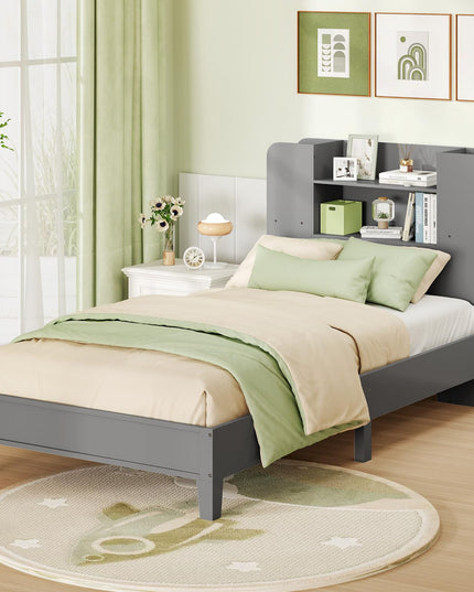 Giantex Twin Bed Frames for Kids, Wooden Twin Size Bed with Storage Bookcase Headboard