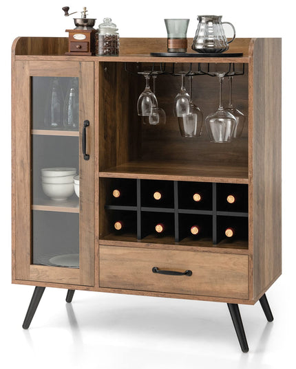 Giantex Buffet Sideboard with Drawer, Wine Cabinet for 8 Bottles, Glass Holder, 3 Tier Cupboard Tempered Glass Door (Rustic Brown & Black)