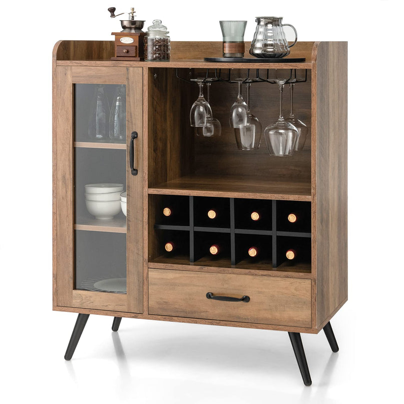 Giantex Buffet Sideboard with Drawer, Wine Cabinet for 8 Bottles, Glass Holder, 3 Tier Cupboard Tempered Glass Door (Rustic Brown & Black)