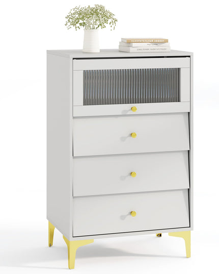 Giantex 3 Drawer Dresser, Modern Storage Cabinet w/Flip Up Fluted Glass Door & Pull-Out Drawers