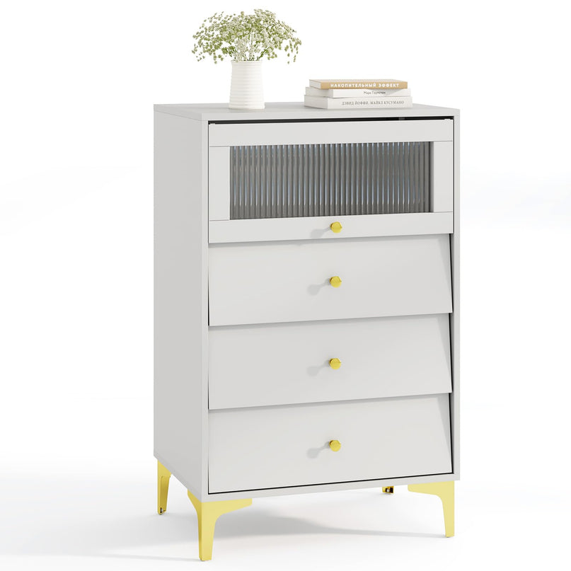 Giantex 3 Drawer Dresser, Modern Storage Cabinet w/Flip Up Fluted Glass Door & Pull-Out Drawers