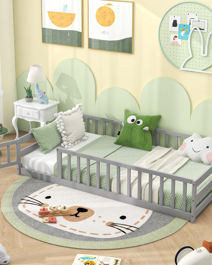 Giantex Twin Floor Bed with Door & Fence, Kids Wood Montessori Bed with Safety Guardrails