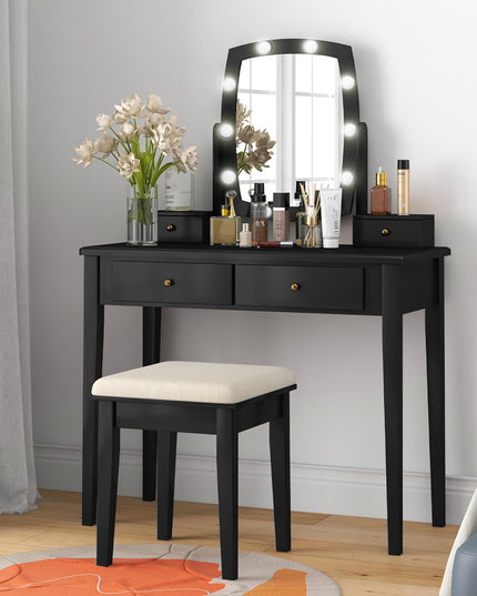 CHARMAID Vanity Desk with Mirror and Lights, Makeup Vanity Table with Swivel Mirror, Girls Bedroom Makeup Dressing Table with Stool